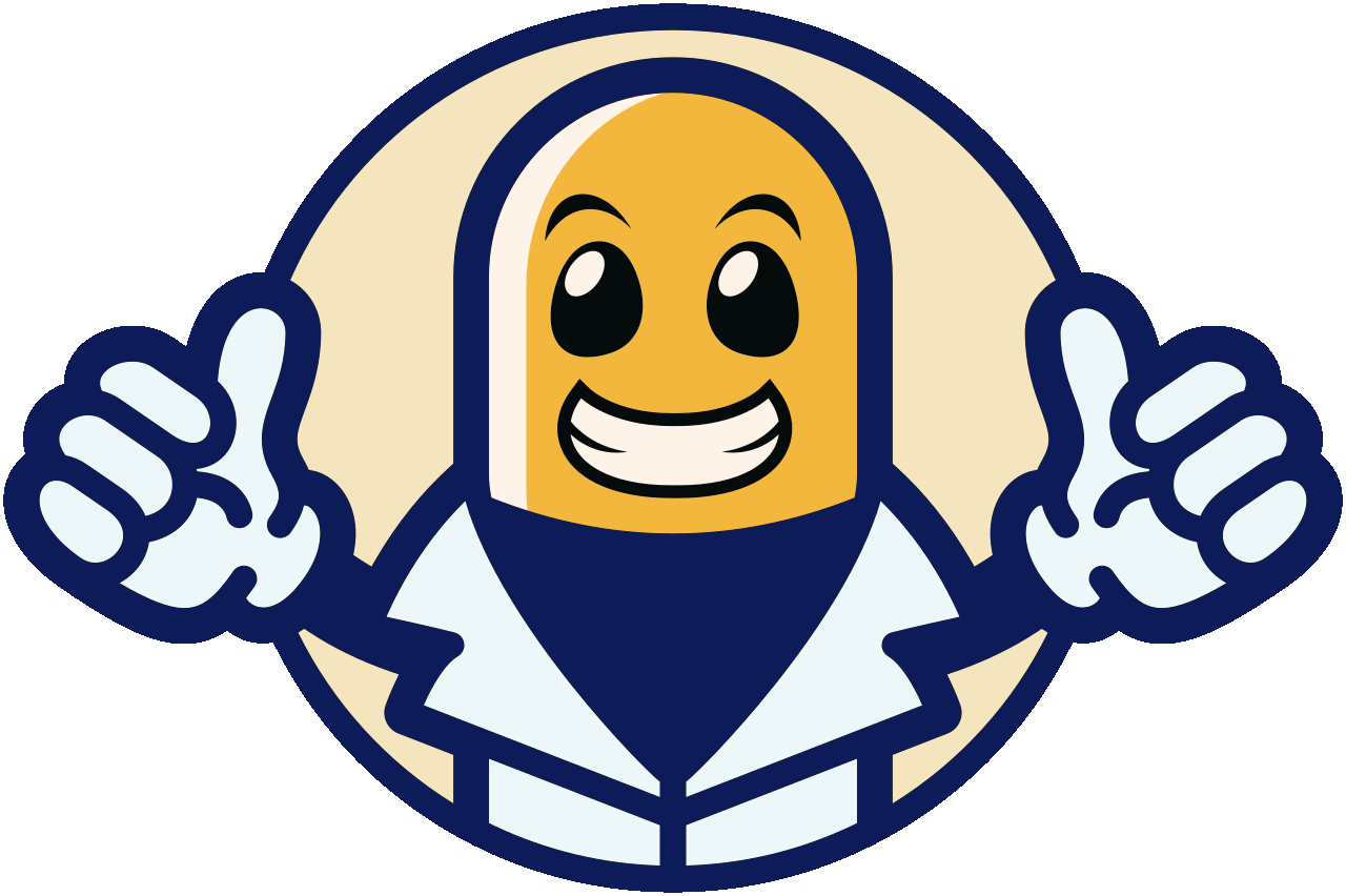 See My Pills: Medicate Safely logo. A smiling, yellow capsule mascot wearing a doctor's lab coat gives two thumbs up.
